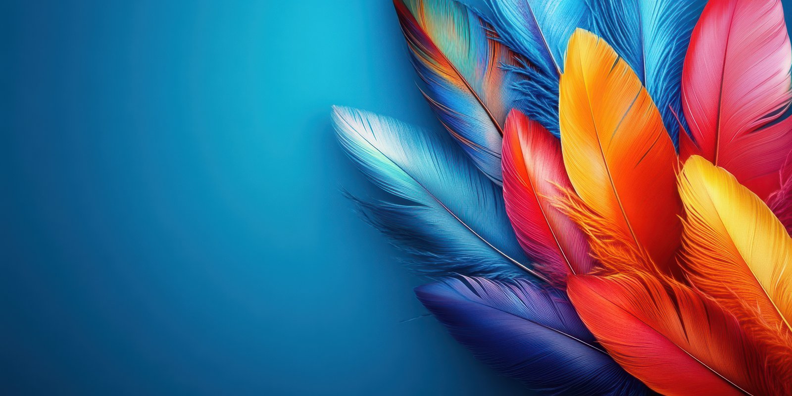 Colorful feathers arranged beautifully on a blue background creating a vibrant display of nature's artistry